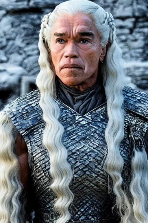 Image similar to still of arnold schwarzenegger as daenerys targaryen in game of thrones ( 2 0 1 1 ), promotional still