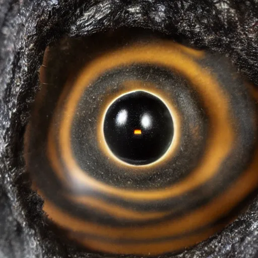 Prompt: a taxidermized frowning black hole, in a museum, 8 5 mm lens, 7 0 mm entrance pupil diameter, close - up photograph, high detail, 4 k, soft focus, depth of field