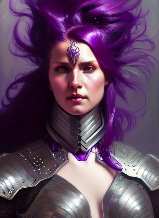 Prompt: character concept portrait of a woman in bionic armor with purple hair, strong, intricate, elegant, intense, stoic, highly detailed, digital painting, artstation, concept art, symmetry, smooth, sharp focus, illustration, art by gaston bussiere and alphone mucha