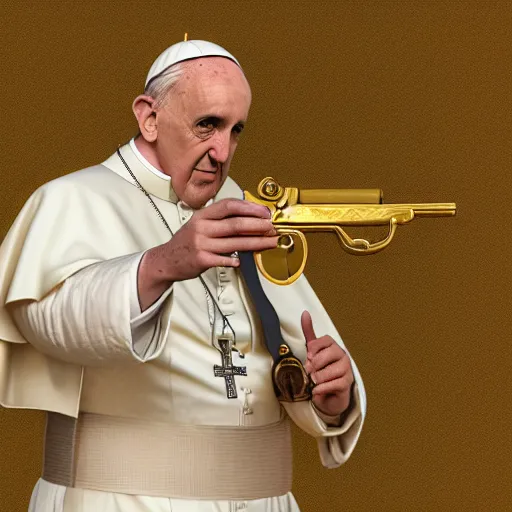 Image similar to the pope holding a golden revolver, photorealistic, ultra detailed, high resolution, 8 k