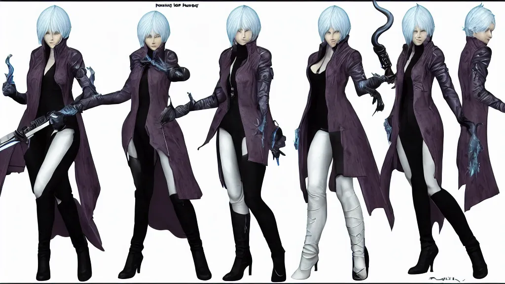 Image similar to devil may cry female Vergil character design sheet, trending on artstation