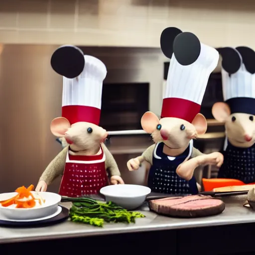 Image similar to group of mice wearing chef hats, cooking steak in the kitchen