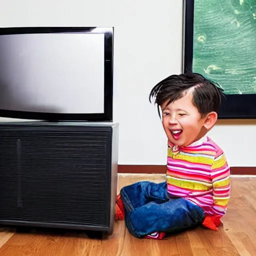 Prompt: photo of a kid smashing his tv