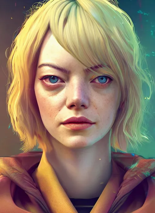 Image similar to Cyberpunk portrait of Emma Stone, au naturel, hyper detailed, digital art, trending in artstation, cinematic lighting, studio quality, smooth render, unreal engine 5 rendered, octane rendered, art style by klimt and nixeu and ian sprigger and wlop and krenz cushart