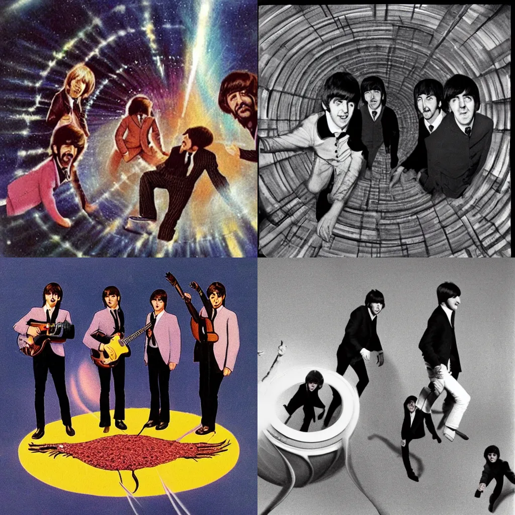 Prompt: the beatles being dragged into a wormhole