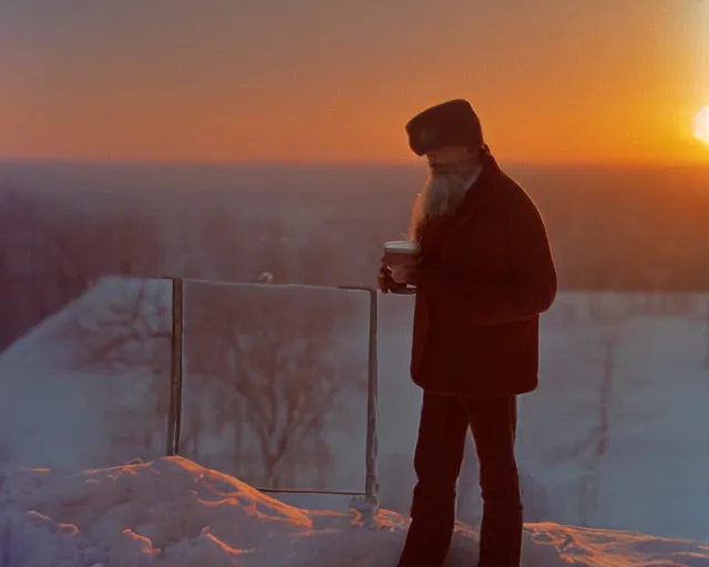 Prompt: lomographic tarkovsky film still of 4 0 years russian man with beard and sweater standing on small hrushevka 9 th floor balcony with cup of tea in winter taiga looking at sunset, cinestill, bokeh