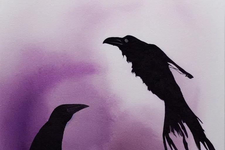 Image similar to beautiful serene smart raven, healing through motion, minimalistic golden and purple ink airbrush painting on white background