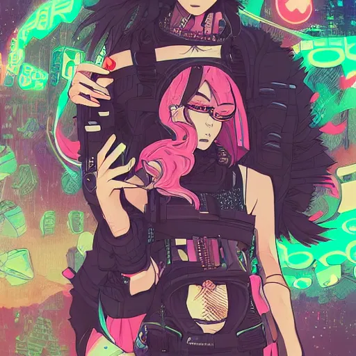 Image similar to zoom - out, a grungy cyberpunk anime, very cute, by super ss, cyberpunk fashion, curly pink hair, night sky by wlop, james jean, victo ngai, highly detailed