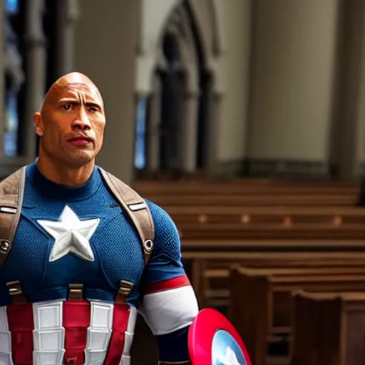 Prompt: dwayne the rock johnson in a captain america costume in a church