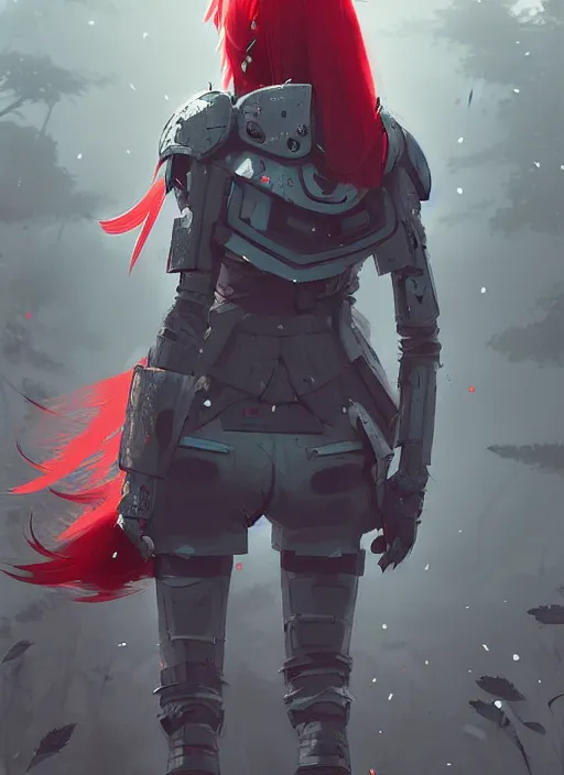 Image similar to red haired japanese girl, armored, midfigure, grey forest background, by ismail inceoglu