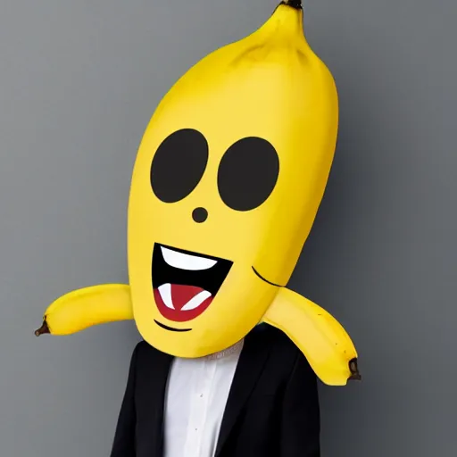 Image similar to banana head, a man wearing a suit banana head