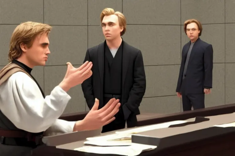 Prompt: anakin skywalker talking to jimmy mcgill in court, us court, 1 0 8 0 p, court session images, realistic faces