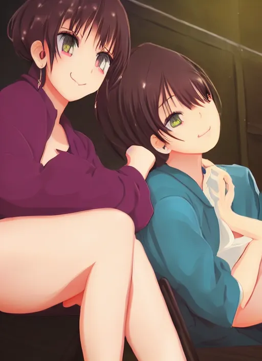 Prompt: two beautiful mature women sitting on a hot summer evening, gorgeous faces, thick lines, cinematic lighting, detailed anime art