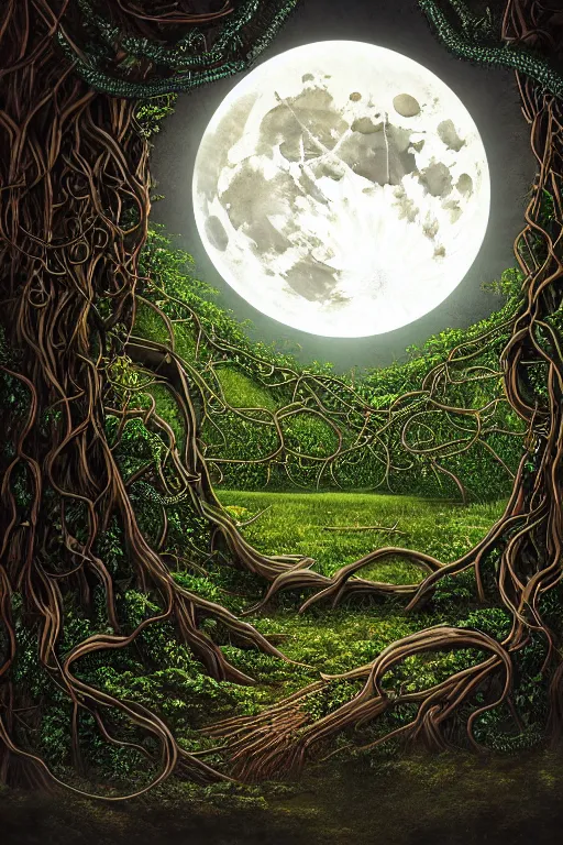 Image similar to a beautiful digital illustration painting of a detailed gothic fantasy full moon and roots, throne chair and vines by by benoit b. mandelbrot, howard arkley. 8 k resolution trending on artstation concept art digital illustration