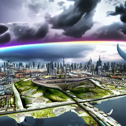 Prompt: wide shot of a near-future city with dark thick storm clouds in the sky. A giant ring-shaped spaceship is launching. The ring spaceship is encircling the city. HDR