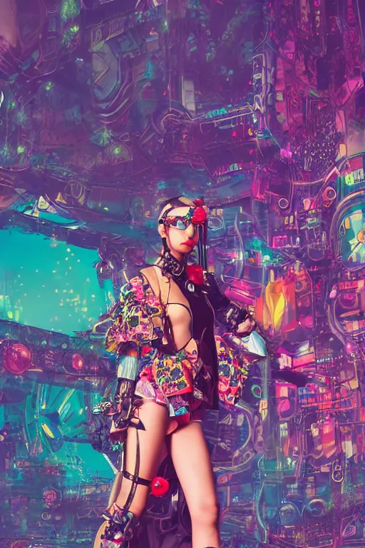 Prompt: antediluvian steppe magical girl wearing cybernetic floral valentino, cyberpunk steppe market background, bright cinematic fashion photography