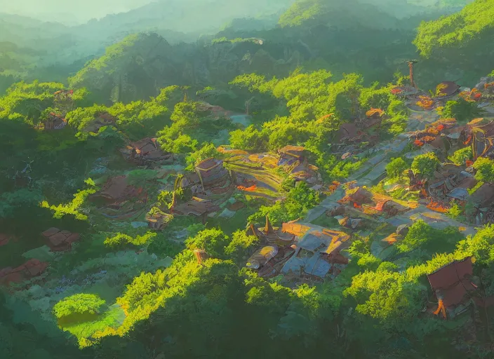 Prompt: concept art painting of a small woodland village in a valley seen from above, european japanese buildings, early morning, cel shaded, detailed, realistic, by makoto shinkai and moebius and anton fadeev and james gurney