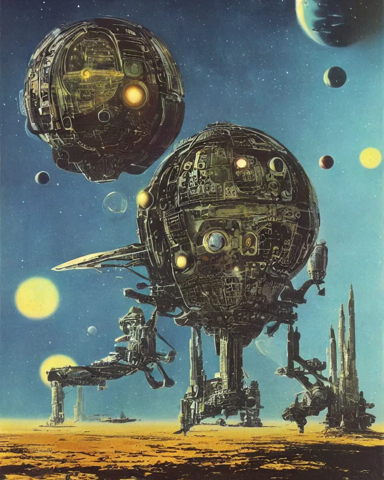Prompt: vintage scifi book cover, 6 0 s, by chris foss, bruce pennington, richard powers, cosmic, alien planet, massive spaceships, gross alien, retro futurism
