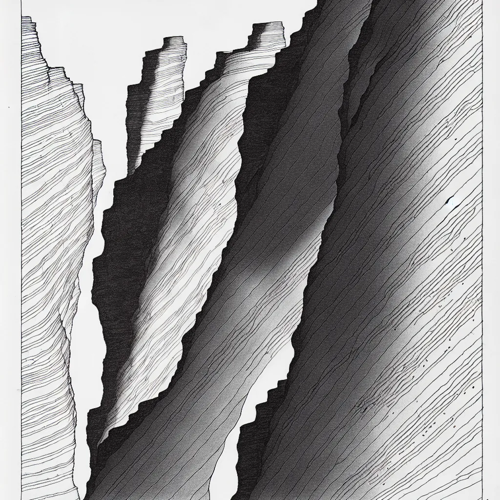 Image similar to slot canyons by moebius, minimalist ink drawing with long lines