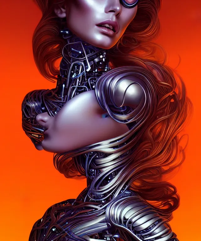 Prompt: Supermodel woman turning into an Android portrait, dark surrealism , scifi, intricate, elegant, sharp eyebrows, ornate long flowing blonde hair, highly detailed cybernetic body, neon glowing eyes, digital painting, artstation, concept art, smooth, sharp focus, illustration, art by artgerm and moebius and alphonse mucha