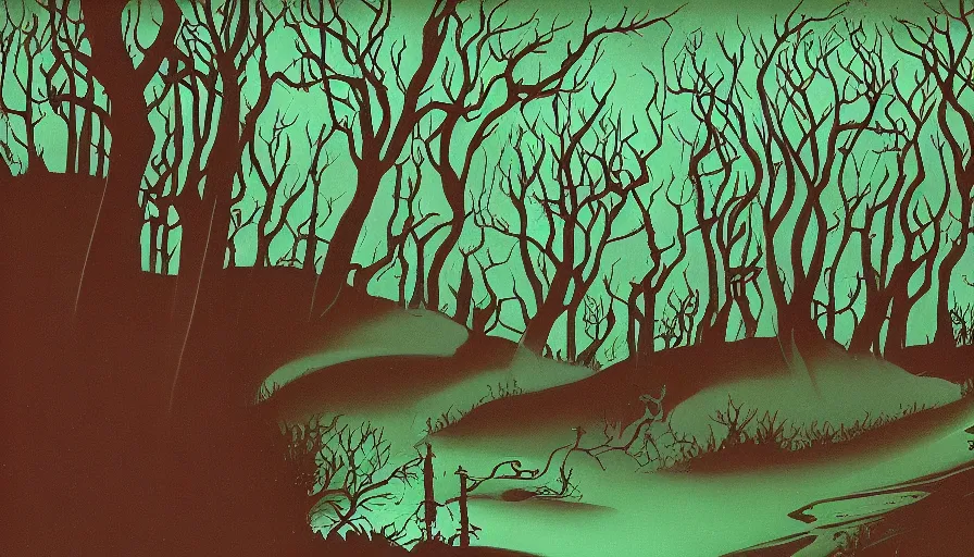 Image similar to eyvind earle disney background art of a beautiful dark fantasy forest