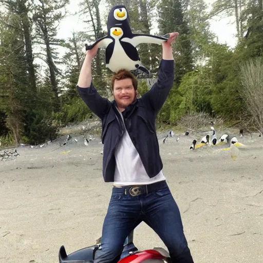 Image similar to chris pratt riding a penguin