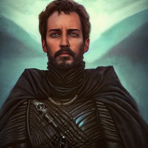 Image similar to realistic paul atreides emperor of the known universe, perfect dramatic and dark portrait by rabbitary b, trending on artstation, deviantart, dune, low angle oil painting and composition laws, dark foggy background, masculine man with thin lines on the face, medium - long curly brown hair, completely blue eyes, denis villeneuve cinematography