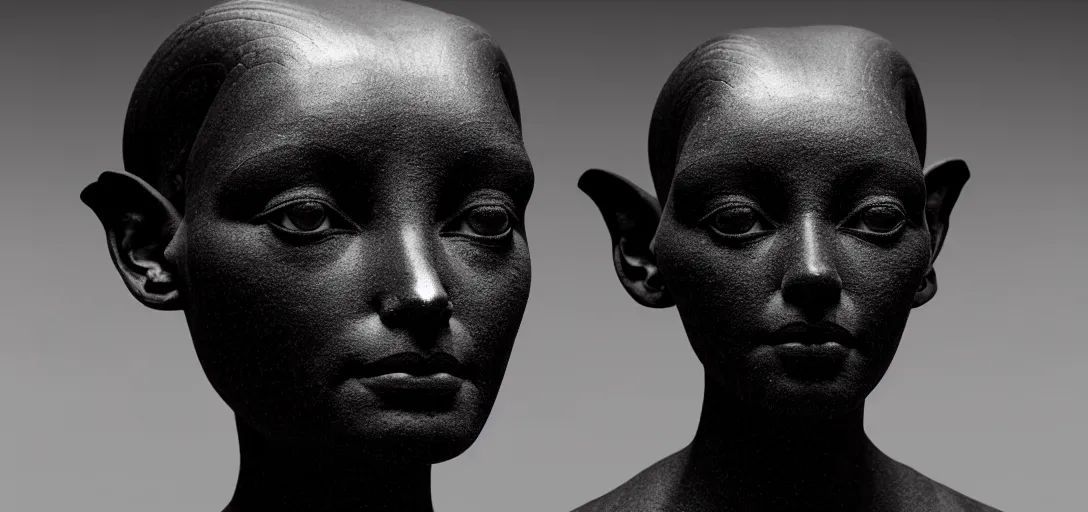 Image similar to symmetry!! one full beautiful female black marble sphinx body sculpture by daniel arsham and raoul marks, intricate, elegant, highly detailed, digital painting, artstation, smooth, sharp focus, all black features on a black background, delicate facial features, golden ratio composition, interconnected, liquid composition, conceptual sculpture, global light