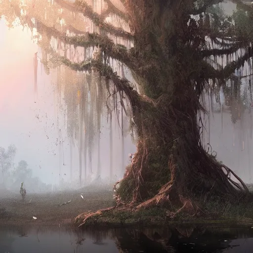 Image similar to a beautiful tree in the middle of a swamp, digital Art, Greg rutkowski, Trending artstation, cinematic