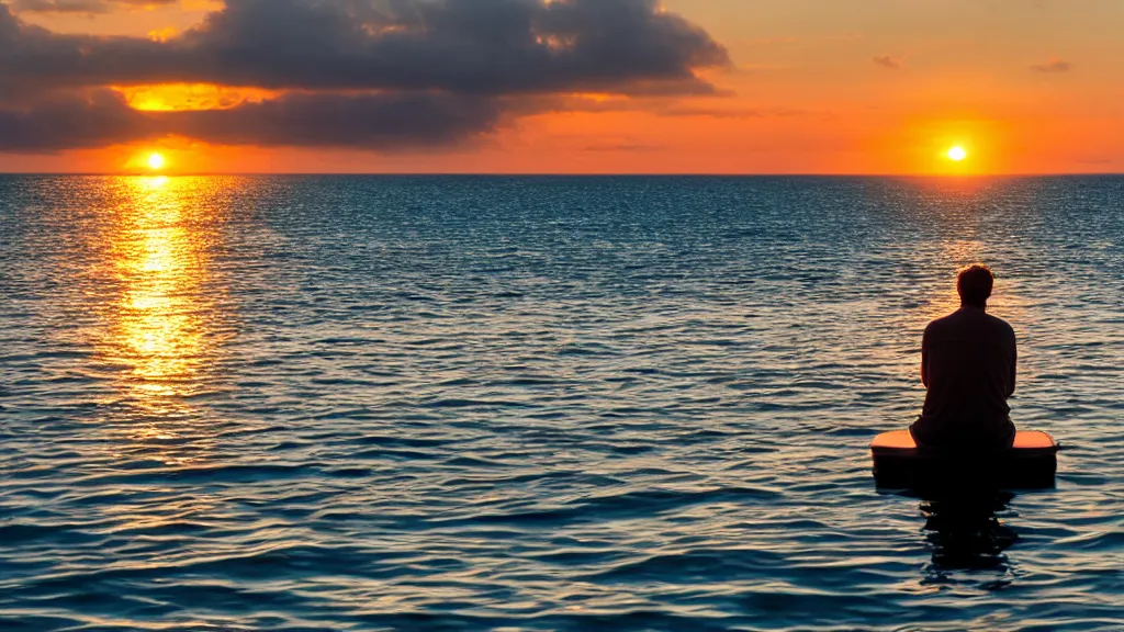 Image similar to a movie still of a man sitting on the roof of a car floating in the ocean at sunset, golden hour
