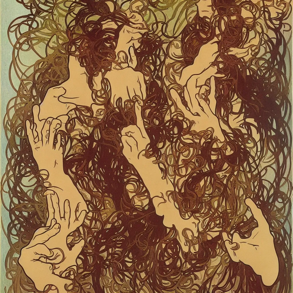 Image similar to too many hands, gnarled, so many hands, fingers, weird amount of hands, by alphonse mucha