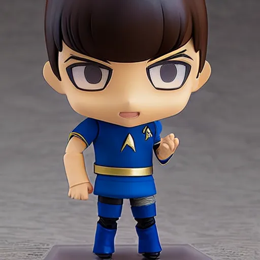 Image similar to spock from the tv series star trek as an anime nendoroid, doing his signatory handsign, serious look, pointed ears, spock haircut, starfleet uniform, detailed product photo