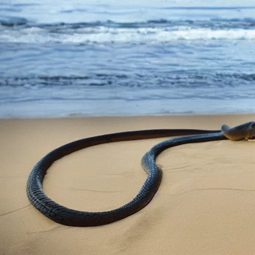 Prompt: deep pit of venomous snakes on a beach