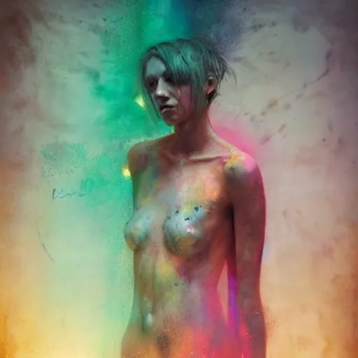 Image similar to resonant frequency by cy Twombly and BASTIEN LECOUFFE DEHARME, colorful, iridescent, volumetric lighting, abstract