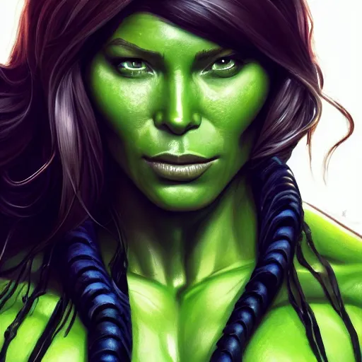 Prompt: jessica biel as green skinned hulk, gamora, she - hulk, green skin, muscular, bodybuilding woman, wheyfu, digital art, artstation, highly detailed, centered, hyperrealism, artstation, concept art, smooth, sharp focus, illustration, artgerm