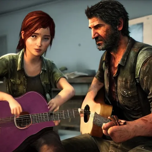 Prompt: Ellie and Joel from the last of us playing the guitar