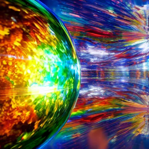 Prompt: long shot of a huge rainbow clear glass ball, concept art, by leonid afremov, by gerhard richter, jeff koons, volumetric light, smooth, depth perception, high depth of field, 4 k, unreal engine 5, ultradetailed, hyperrealistic, artstation