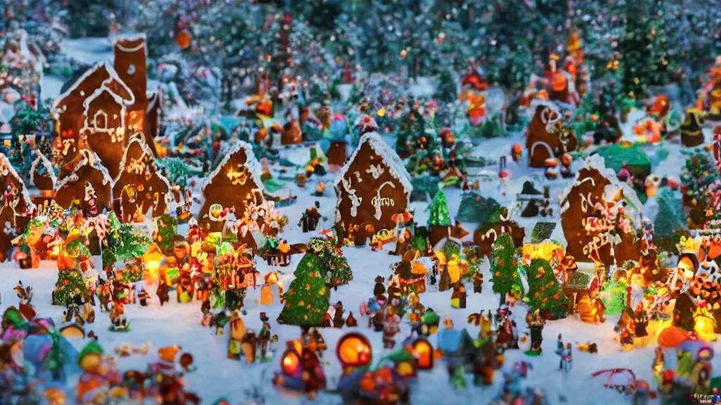 Prompt: gingerbread candy village, colorful, fantasy, fairytale, forest, fireflies, flowers, halloween, christmas, snow, hansel and gretel, bokeh, medium shot, depth of field 1 0 0 mm, cinematic scene, studio quality, unreal engine, octane render, trending on artstation, artgerm, cgsociety