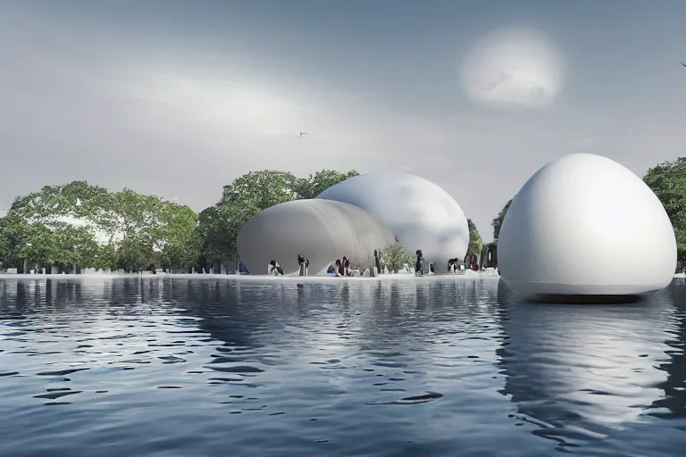 Prompt: many white egg shaped spherical spaces are combined to form a building. on the calm lake, people's perspective, future, interior wood, marble, award winning, highly detailed 4 k art, dusk, unreal engine highly rendered, global illumination, radial light, internal environment by kazuyo sejima and pierre cardin