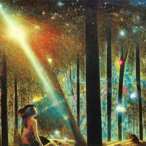 Image similar to psychedelic morning in the middle of the day lush pine forest, outer space, milky way, designed by arnold bocklin, jules bastien - lepage, tarsila do amaral, wayne barlowe and gustave baumann, cheval michael, trending on artstation, star, sharp focus, colorful refracted sparkles and lines, soft light, 8 k 4 k