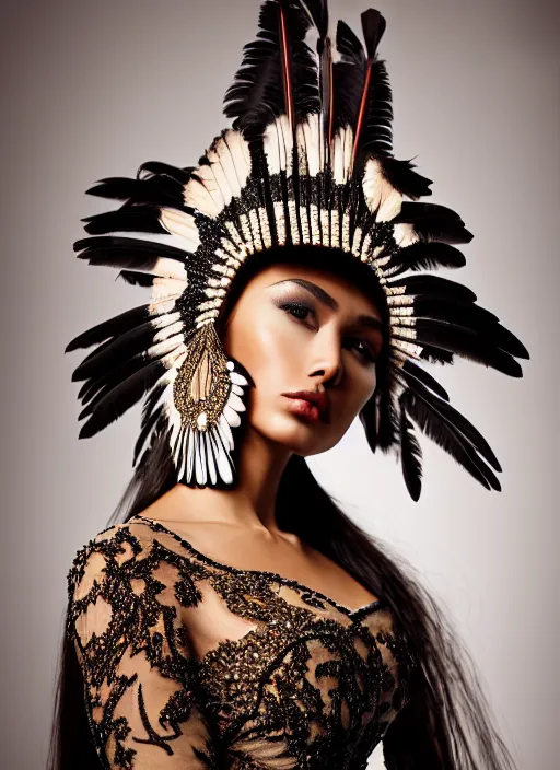 Image similar to glorious and luxurious haute couture dress on indigenous model woman with smooth skin, portrait, voluminous, masterpiece, intricate