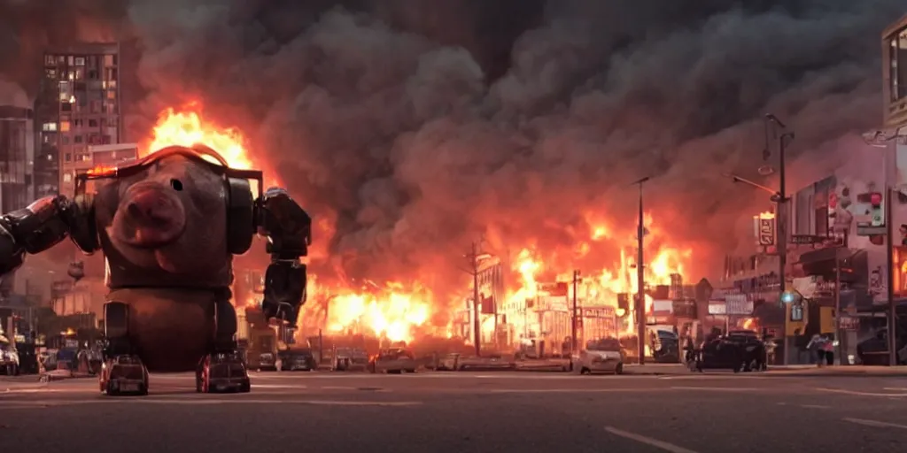 Prompt: movie still of a giant pig robot in the middle of a city on fire