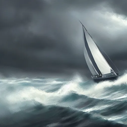 Image similar to sailboat in stormy waters, dark clouds, huge waves, gloomy, overcast, moody atmospheric, storm clouds, lightning illuminating sails, concept art, detailed, artstation award