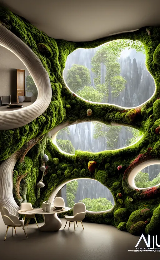 Image similar to highly detailed villa natural beautiful light interior soft cinematic composition of a smooth ceramic porcelain biomorphic magnolia stone nebula fluid sci - fi surreal colorful architecture landscape, furniture, granite, trees, marble, moss, lichen, fungi, vincent callebaut composition, mamou - mani, archviz, 8 k, unreal engine, hdr