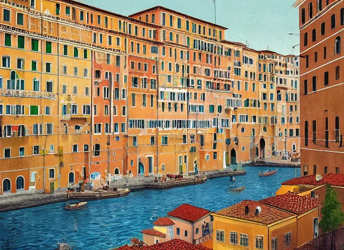 Image similar to symmetry!! italian city, a beautiful painting representative of the art style of wes anderson and spike jonze