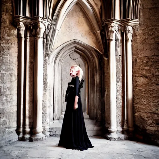 Image similar to a photoshoot portrait of pale goth beauty, inside gothic castle!