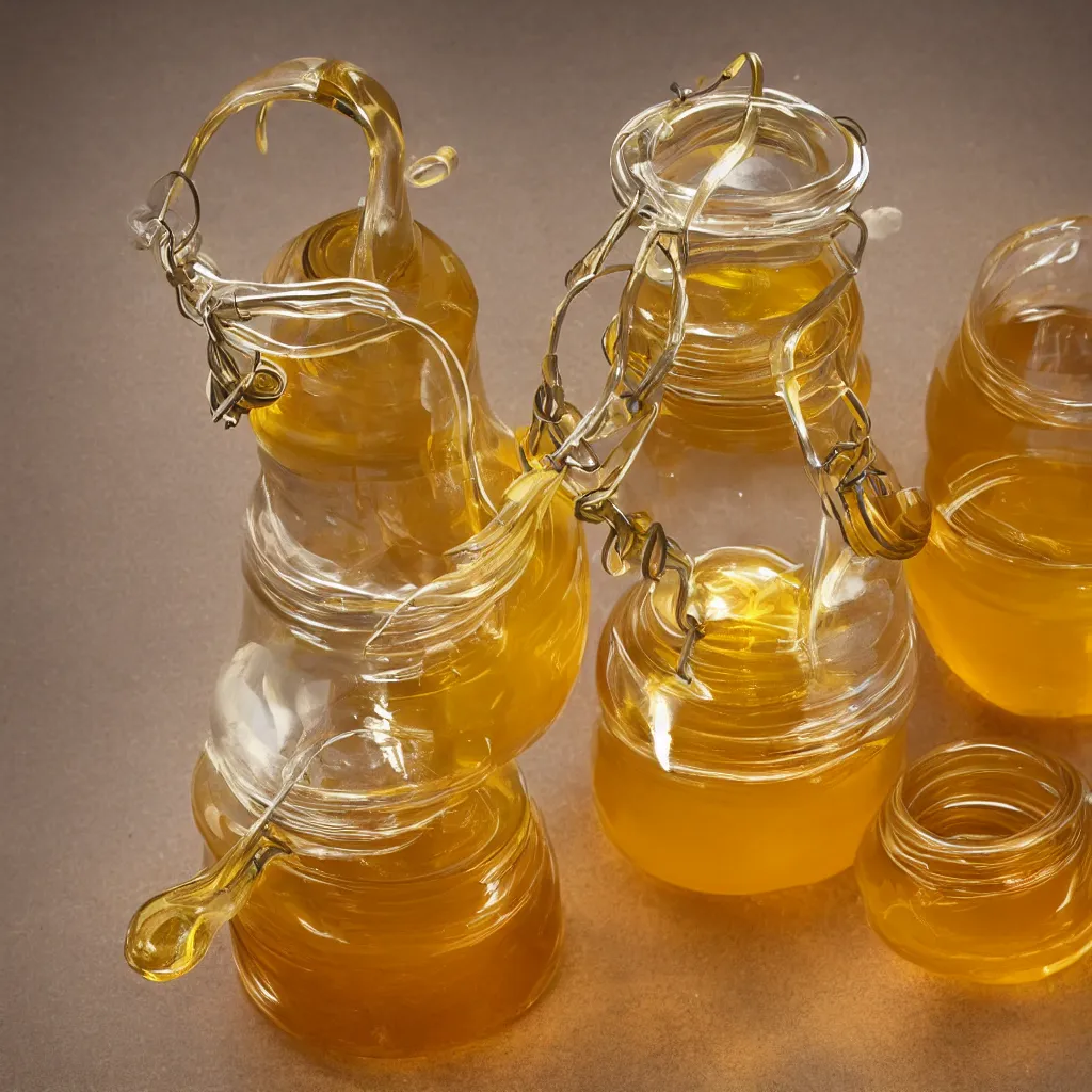 Image similar to klein bottle honey jar, product photography, beautiful studio photography, golden glowing honey