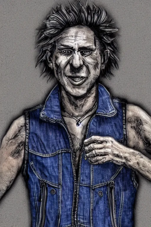 Image similar to portrait of a maniac wearing a denim vest named spike. exaggerated features. digital art. harsh lighting.