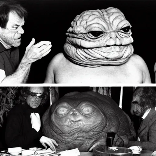 Prompt: the time gilles deleuze and felix guattari met jabba the hutt for a large banquet
