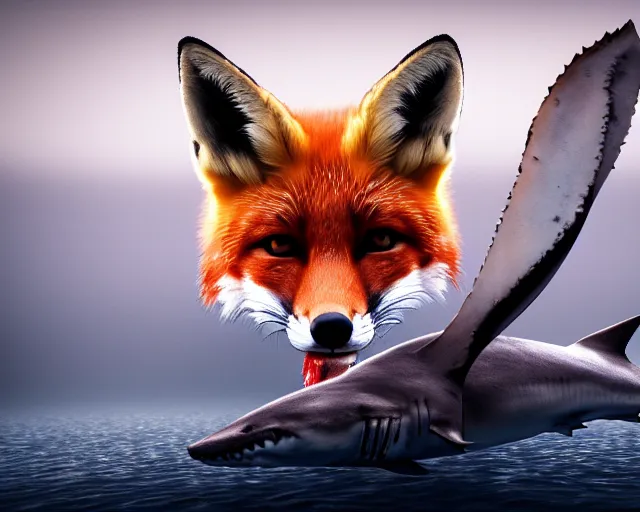 Image similar to a portrait of a fox eating a shark, cinematic, 8 k, raytracing, fantasy artwork, detailed, realistic